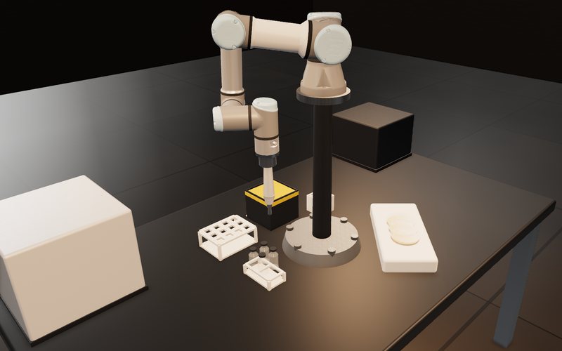 Simulator render: a collaborative arm on a riser carries a pipette over a tip box, tube racks, vials and agar plates.