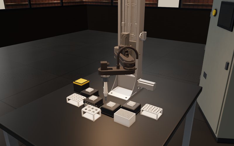 Simulator render: a tabletop SCARA on a column with tube racks, reagent vials, cyclers and a tip box laid round it on a bench.